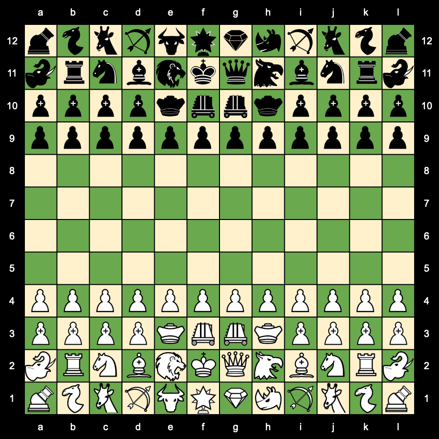 One of the 144 possible starting positions for Maasai Chess
